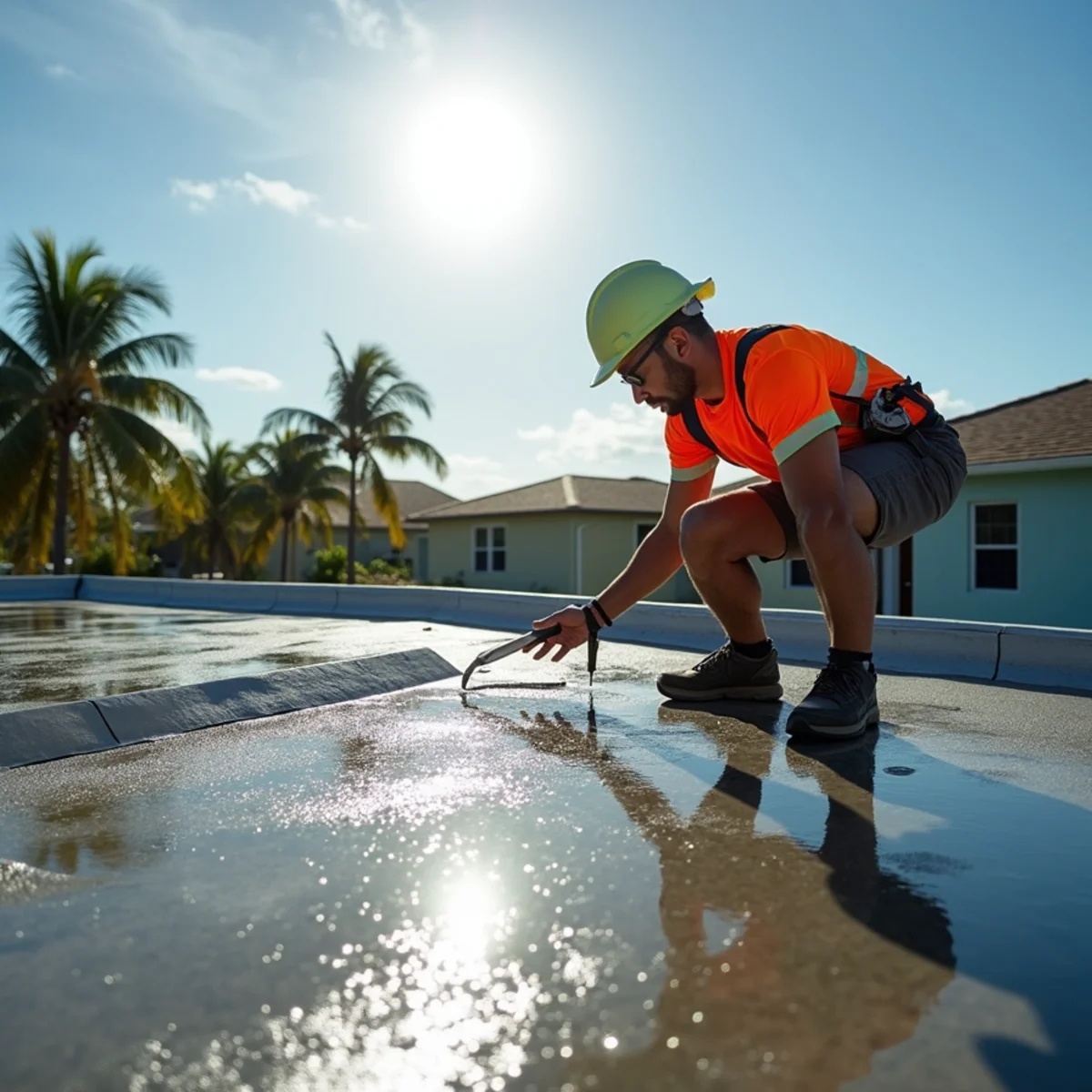 Circular pool of standing ponding water on residential low-slope flat roof
