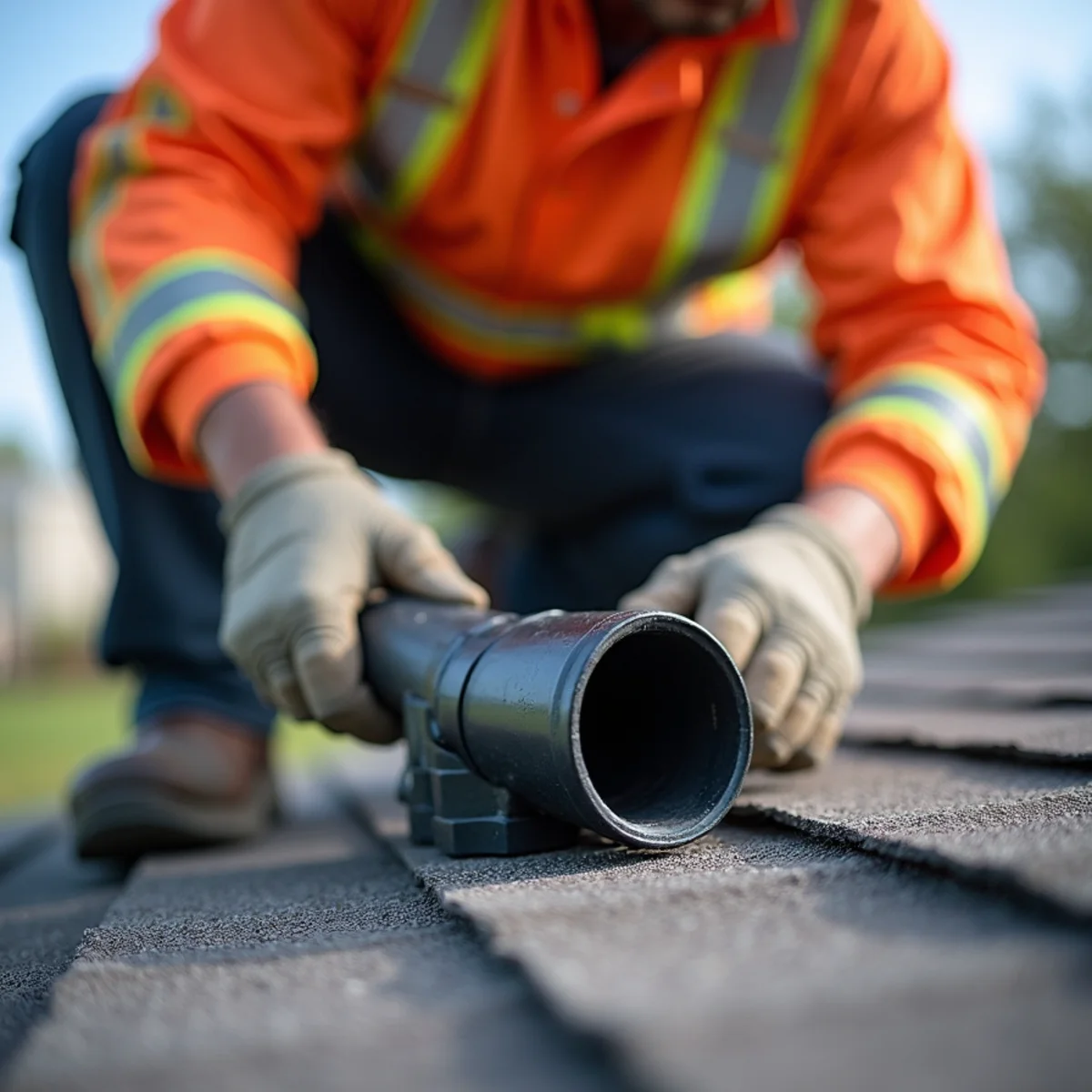 Close-up inspection of ultraviolet-resistant rubber plumbing vent pipe boot collar