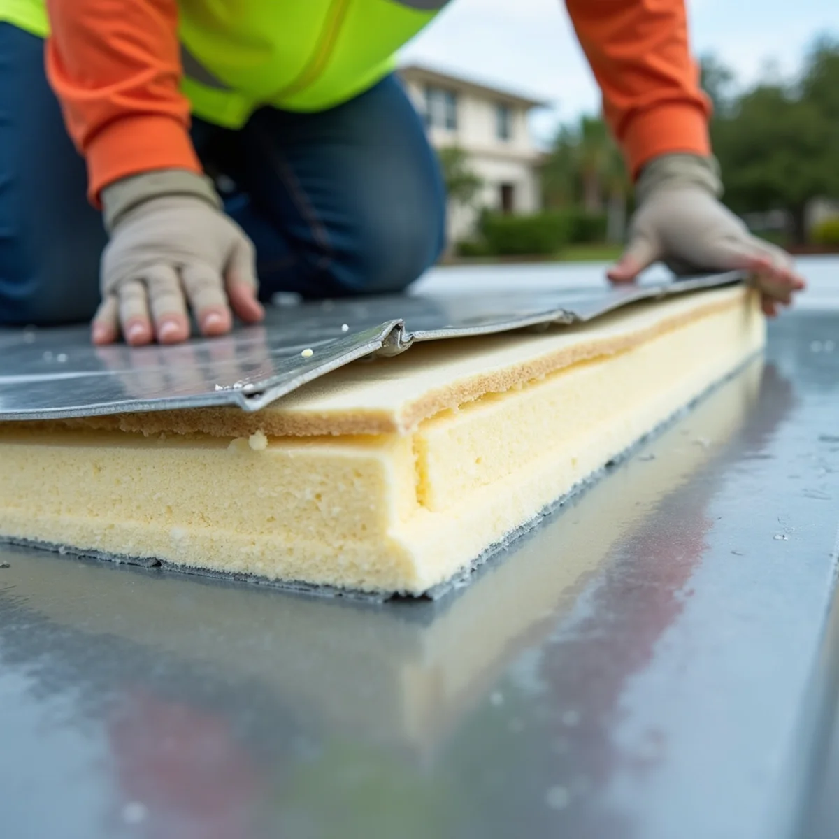 Cross section view of 2-inch rigid EPS foam insulation beneath aluminum roof-over panel