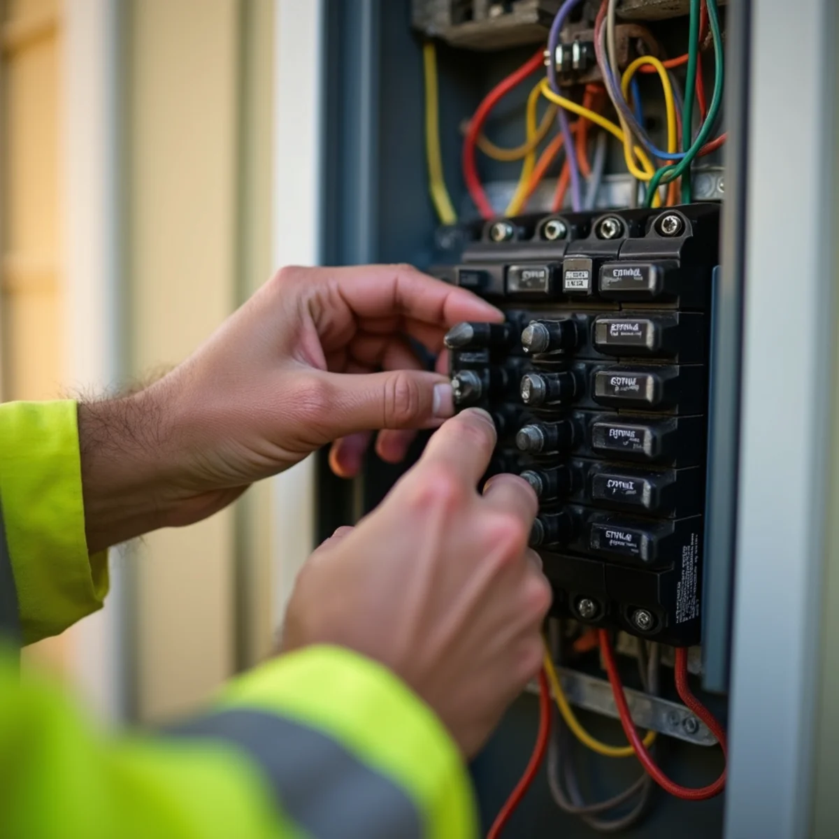 Homeowner turning off circuit breaker at main electrical panel during ceiling water leak