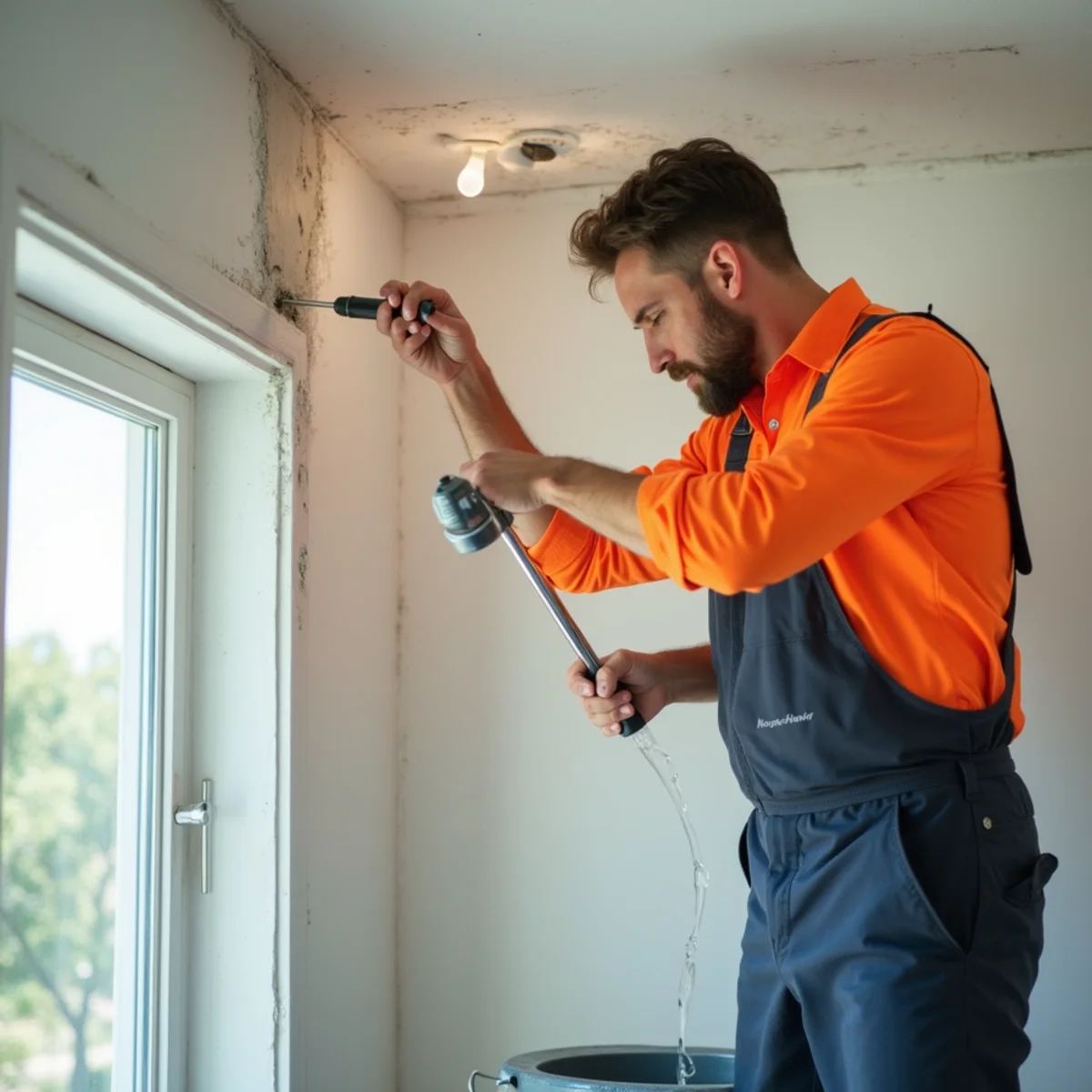 Relieving sagging ceiling drywall water bulge with screwdriver into bucket