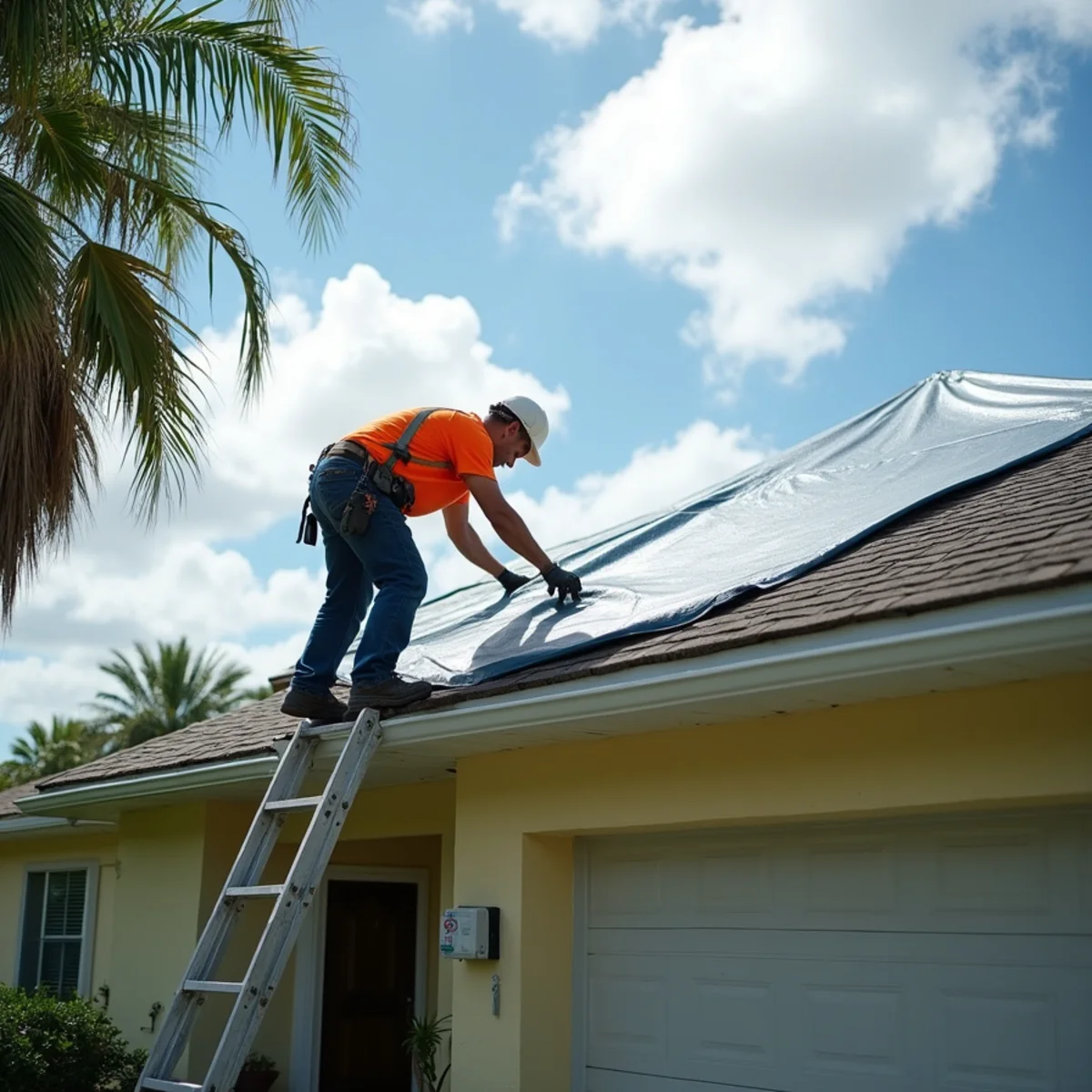 Blue emergency roof tarp secured with wood furring strips on Florida home