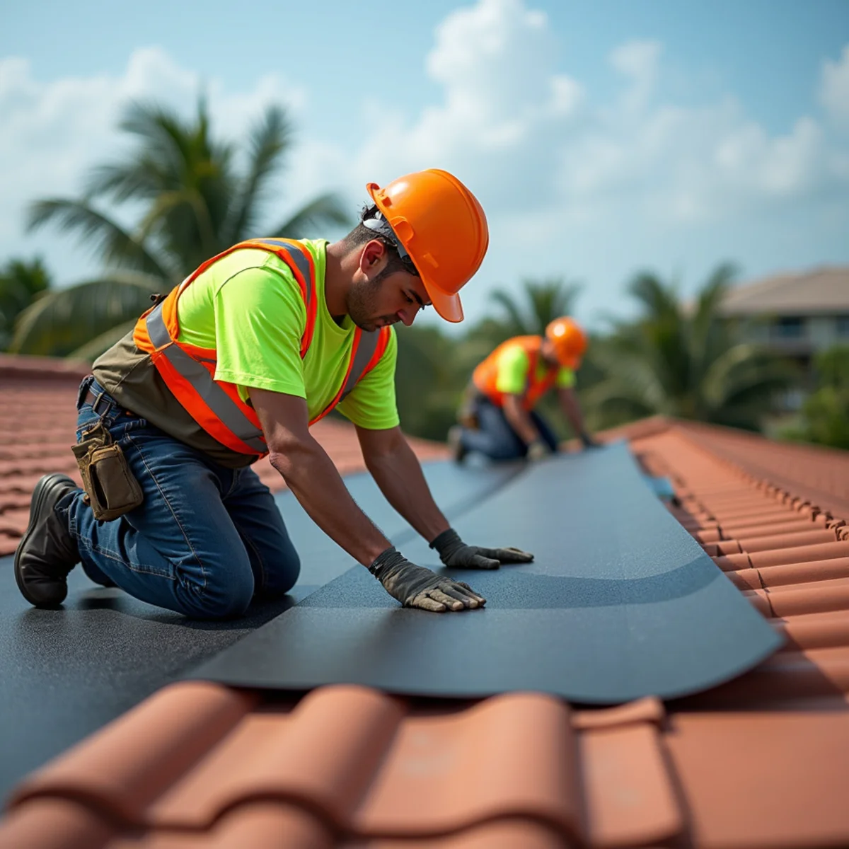 Technicians installing high-temperature self-adhering polymer underlayment for tile roof relay