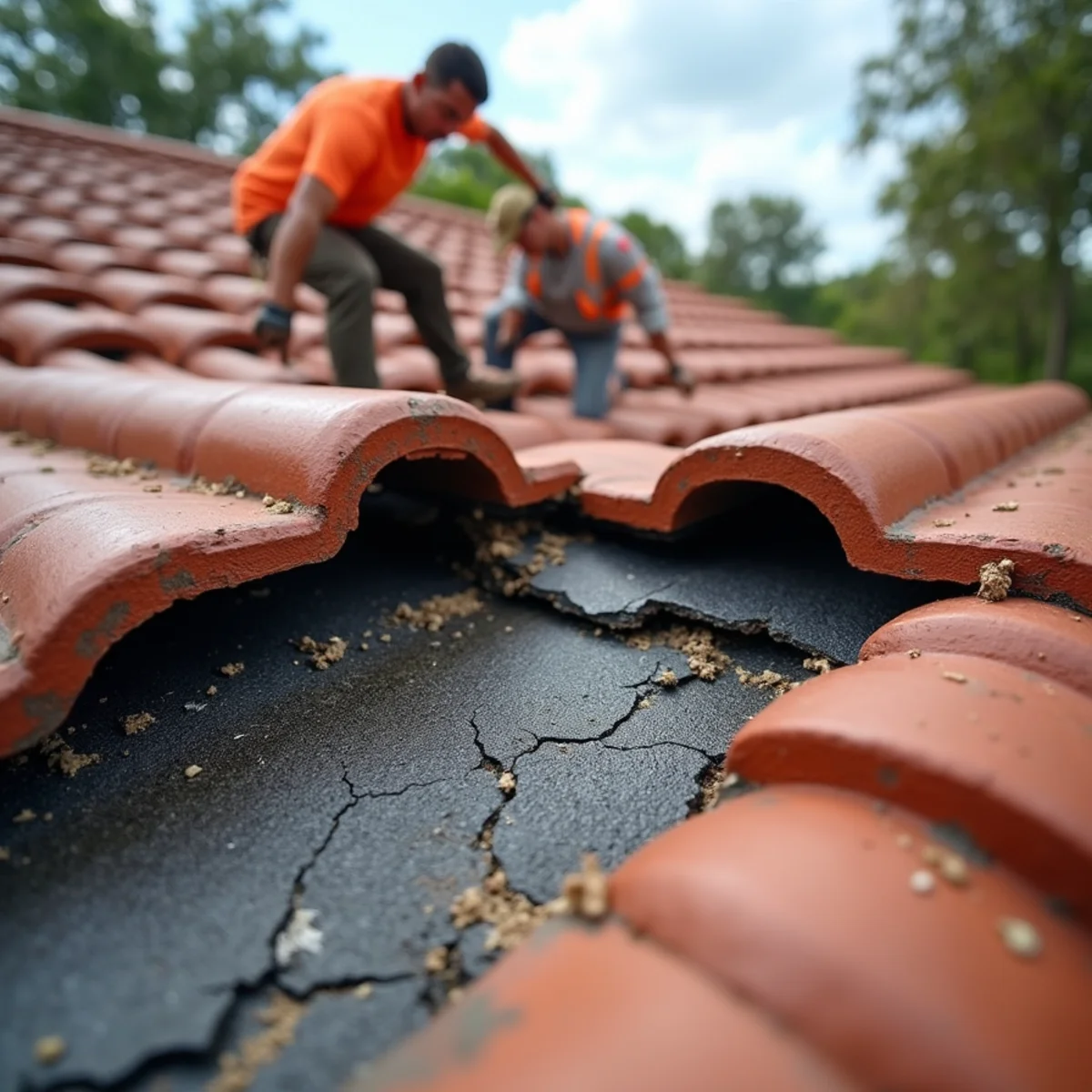 Tile roof cross section showing water intrusion through degraded underlayment felt