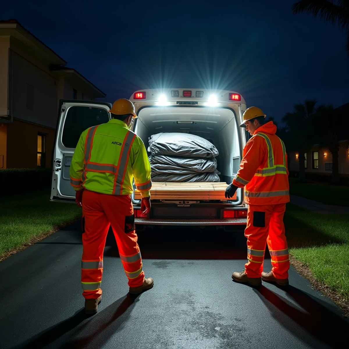 Emergency night dispatch roofing crew unloading commercial tarps and safety gear