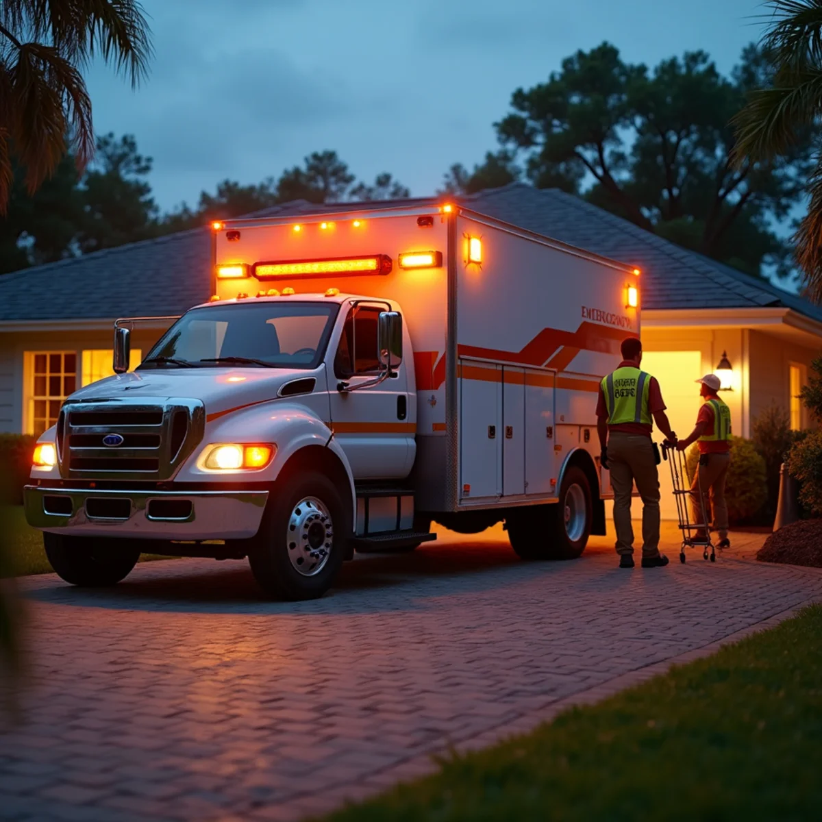 24/7 emergency roof repair vehicle and crew responding to active storm leak