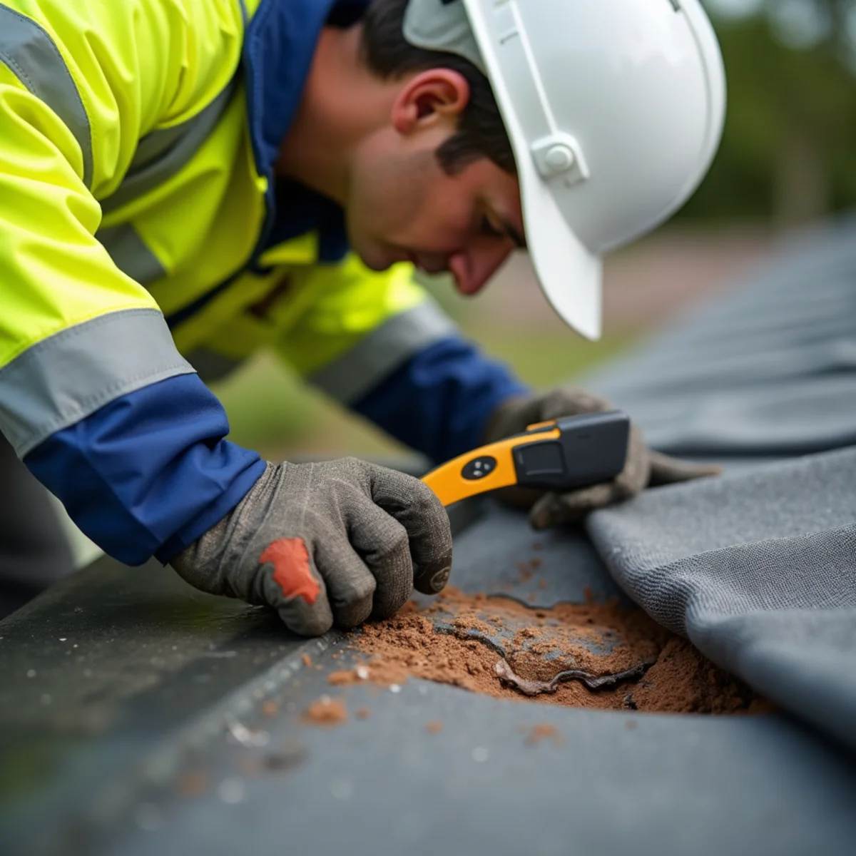 Close-up of roofer inspecting cracked rubber neoprene pipe boot flashing on Clearwater roof