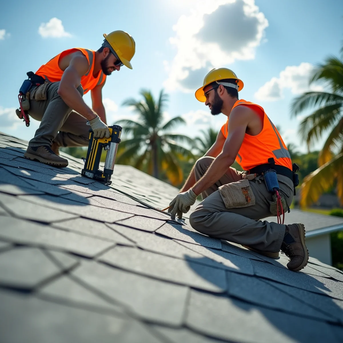 Full residential roof replacement crew installing architectural shingles in Clearwater FL