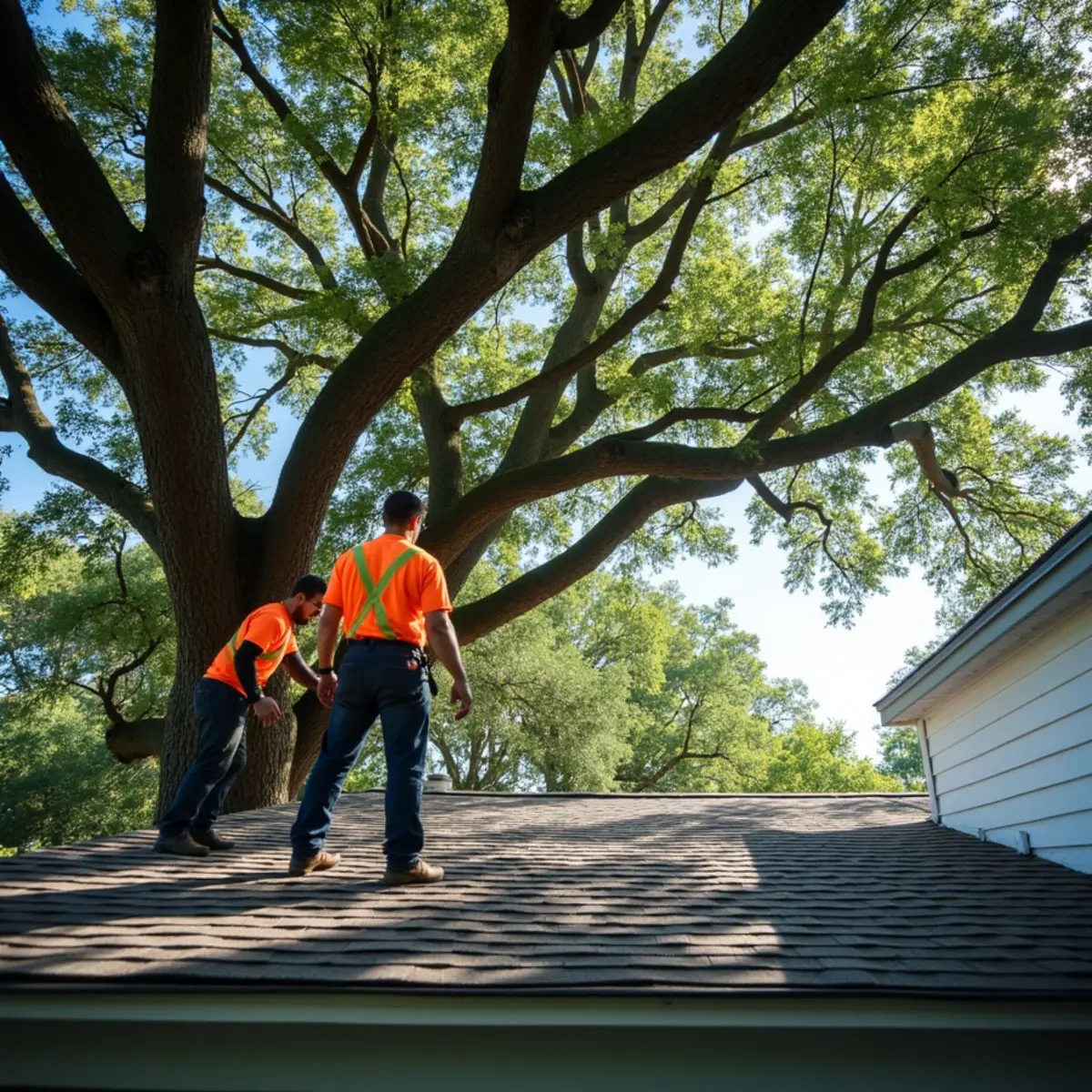 Dense live oak tree canopy shading residential asphalt shingle roof in Safety Harbor