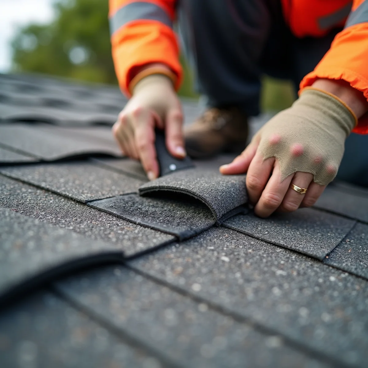 Inspector identifying wind-creased architectural shingles and unsealed adhesive strips