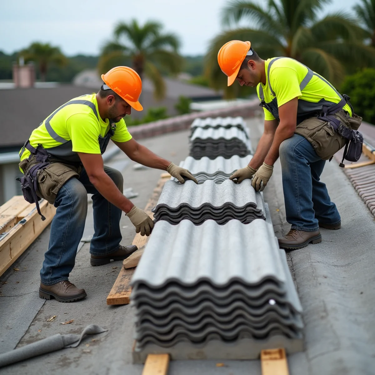 Carefully lifting and stacking concrete barrel roof tiles during underlayment repair